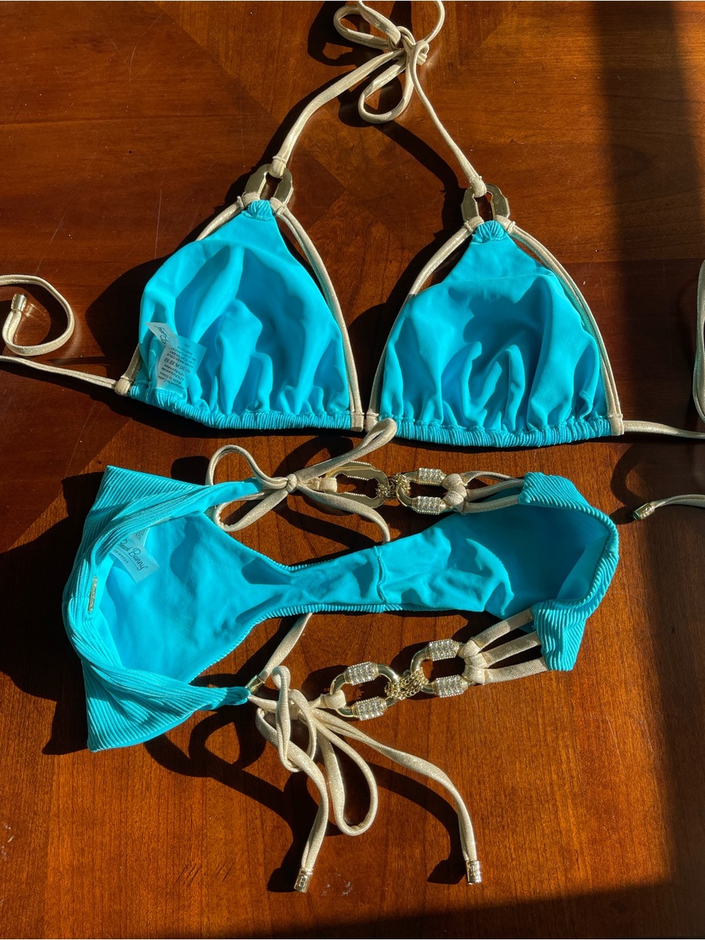 ON RESERVE: Beach Bunny Turquoise Bikini with gold hardware and Straps DD/L se - Picture 9 of 12